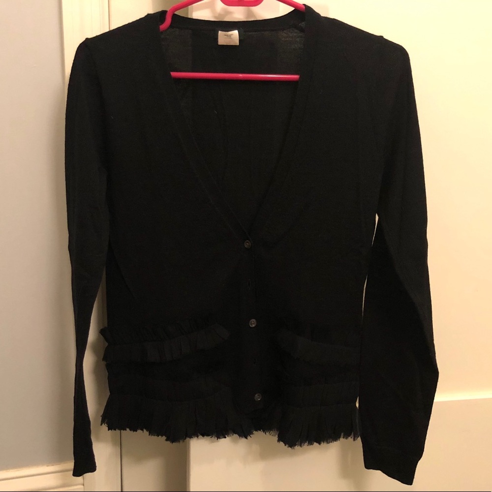 J. Crew Black Merino Wool Cardigan w/ Silk Ruffles
